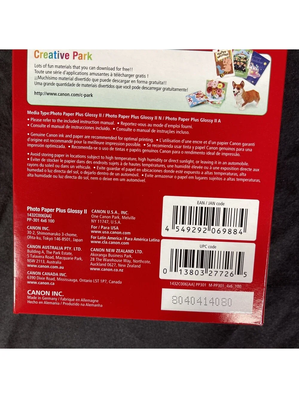 Genuine Canon Photo Paper Plus Glossy II 4x6 - PP-301, 100 Sheets, Genuine -NEW